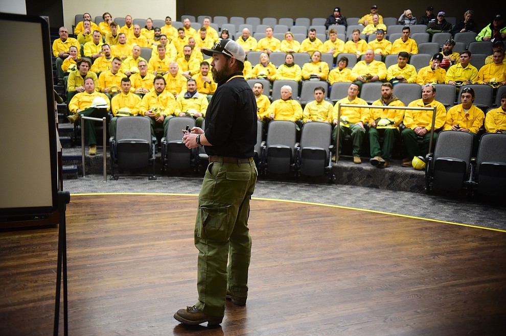 Instructor PJ Lingley talks to Arizona Wildfire & Incident Management Academy's 92 students in four S130/190 Basic Wildland Firefighting classes go out on their field day at Embry Riddle Aeronatical University, Wednesday, March 13, 2019, in Prescott. (Les Stukenberg/Courier)