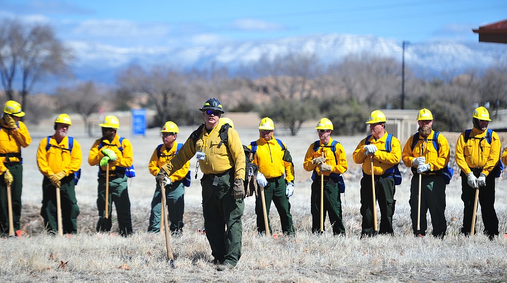 Arizona Wildfire & Incident Management Academy's 92 students in four S130/190 Basic Wildland Firefighting classes go out on their field day at Embry Riddle Aeronatical University, Wednesday, March 13, 2019, in Prescott. (Les Stukenberg/Courier)