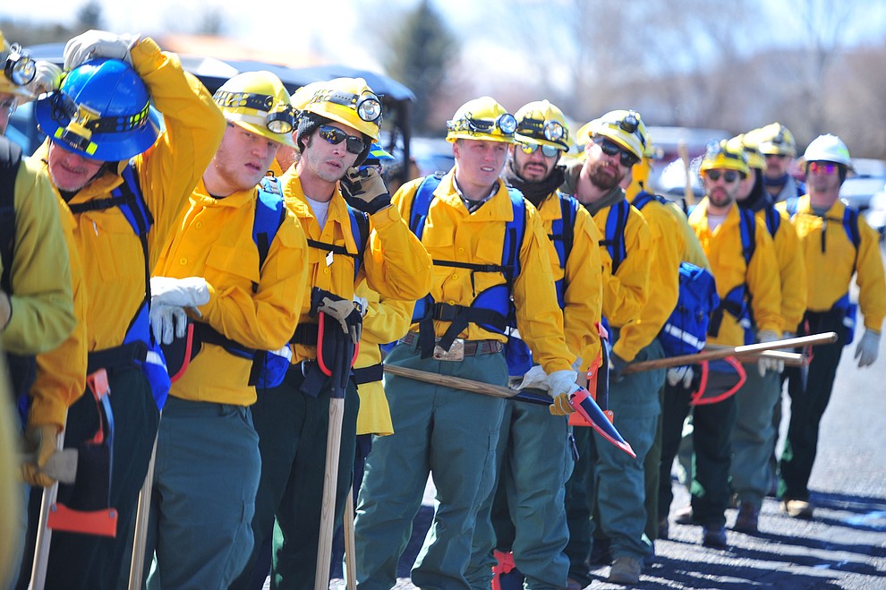 Arizona Wildfire & Incident Management Academy's 92 students in four S130/190 Basic Wildland Firefighting classes go out on their field day at Embry Riddle Aeronatical University, Wednesday, March 13, 2019, in Prescott. (Les Stukenberg/Courier)
