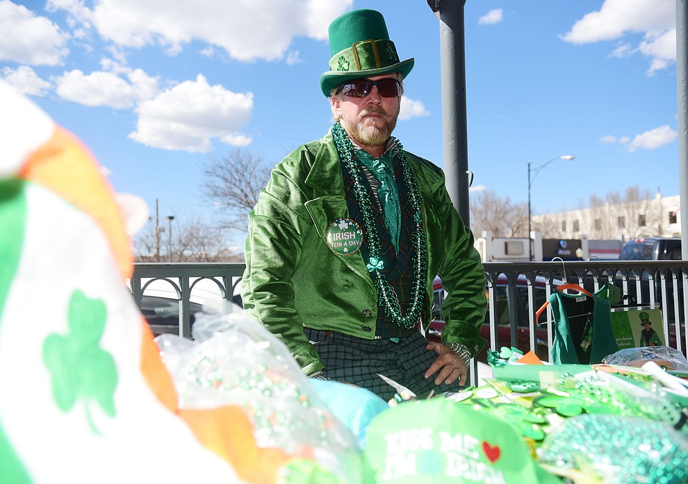 Brian Bever sells Irish merchandise during the 2019 St. Patrick's Day Pub Crawl Sunday, March 17, 2019 in downtown Prescott. (Les Stukenberg/Courier)