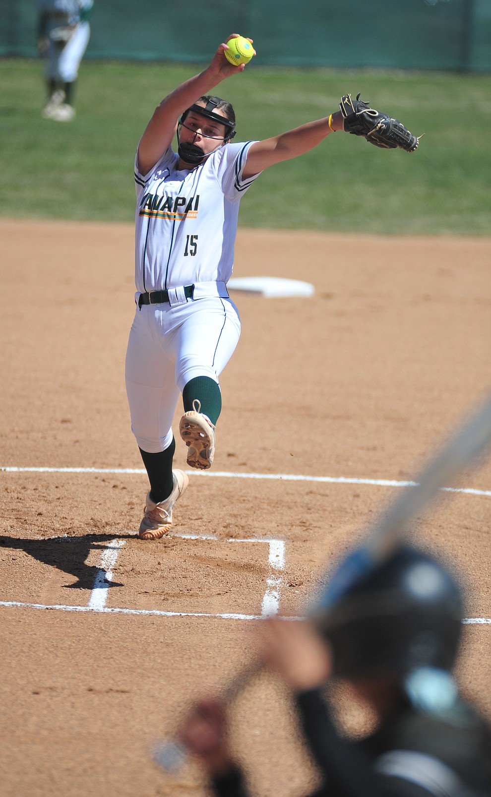 Yavapai's Shaye Pinner delivers a pitch as the Roughriders take on the Chandler Gilbert Coyotes Tuesday, March 19, 2018 in Prescott.
