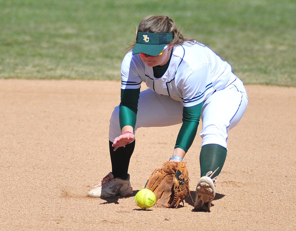 Yavapai's Brianna Griffiths makes a play at shortstop as the Roughriders take on the Chandler Gilbert Coyotes Tuesday, March 19, 2018 in Prescott.