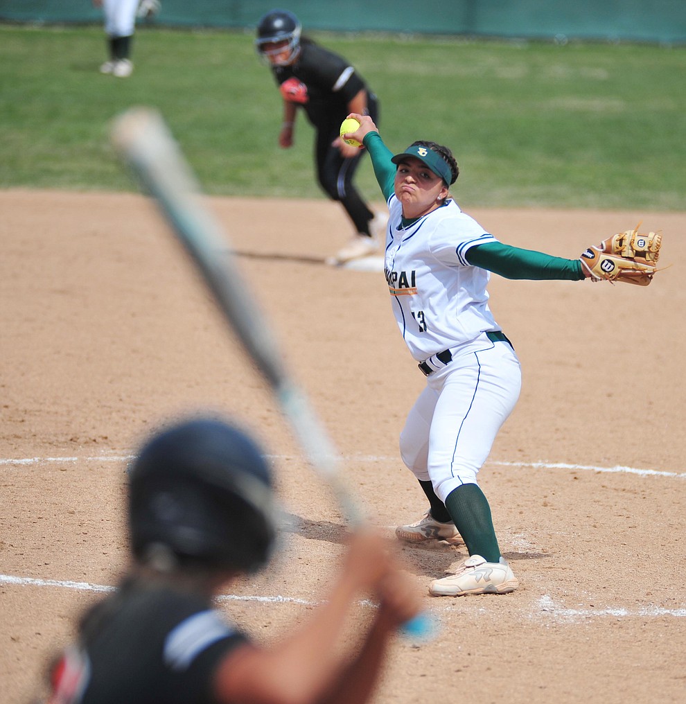 Yavapai's Kendra Duran delivers a pitch in relief as the Roughriders take on the Chandler Gilbert Coyotes Tuesday, March 19, 2018 in Prescott.