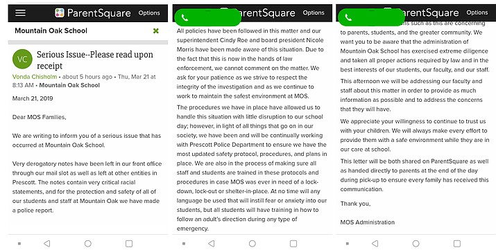This notice was sent out Thursday on a social media app used by Mountain Oak Charter School to communicate with parents.