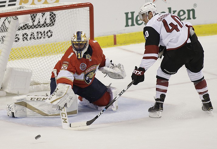 Florida Panthers goaltender Roberto Luongo (1) defends against Arizona Coyotes right wing Michael Grabner (40) during the second period of an NHL hockey game on Thursday, March 21, 2019, in Sunrise, Fla. (Terry Renna/AP)