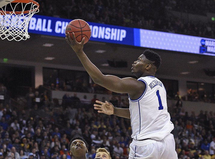 Duke's s Zion Williamson drives to the basket against North Dakota State in a first-round game in the NCAA men’s college basketball tournament in Columbia, S.C., Friday, March 22, 2019. (Richard Shiro/AP)