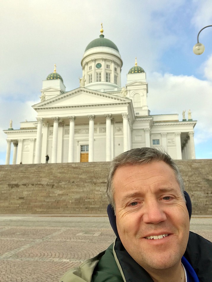 Clark Tenney in a selfie in front of Helsinki Evangelical Lutheran Cathedral. (Clark Tenney/Courtesy)