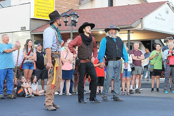 The Cataract Creek Gang performs on Route 66 in Williams, Arizona. This gang of western reenactors is known to occasionally rob the Grand Canyon Railway train. (Wendy Howell/Williams-Grand Canyon News, File Photo)