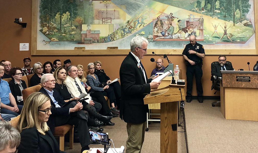 Tom Rusing of #SaveTheDells asks #PrescottCityCouncil to endorse the organization’s push for 500-acre park at #PointofRocks: “History will judge us,” he said. (Cindy Barks/Courier)