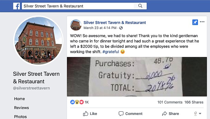 The Silver Street Tavern and Restaurant posted the $2,000 tip receipt on their Facebook page. (Facebook screenshot)