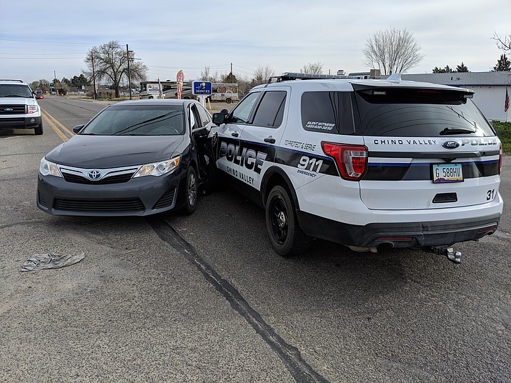 A Chino Valley Police Department cruiser collided with a 2012 Toyota Camry on Highway 89 Wednesday morning, March 27.