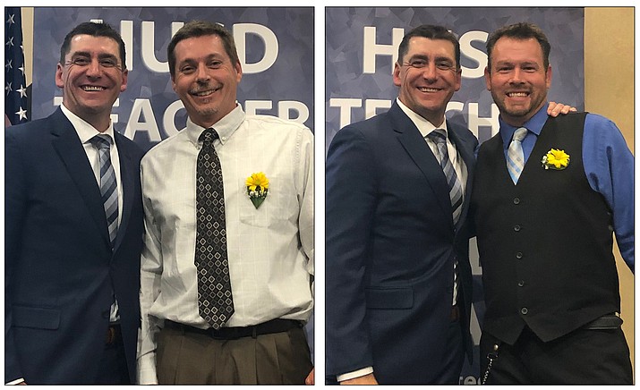 The Humboldt Unified School District announced March 26, 2019, that the 2019 7-12 Category finalist is David Capka, left, is a CTE teacher from Bradshaw Mountain High School. 2019 K-6 Category finalist Joshua Schreiner, right, fifth grade teacher from Granville Elementary. Both stand with HUSD Superintendent Dan Streeter. (HUSD/Courtesy)