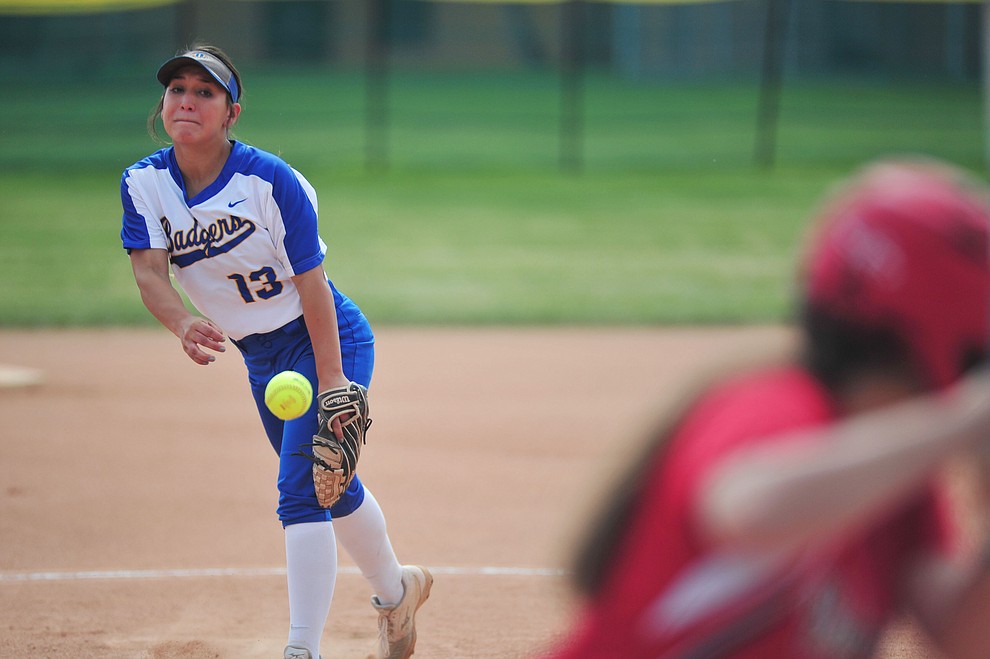 Prescott's Makayla Reyes delivers a pitch as the Badgers host Lee Williams Monday, April 1 in Prescott. (Les Stukenberg/Courier)