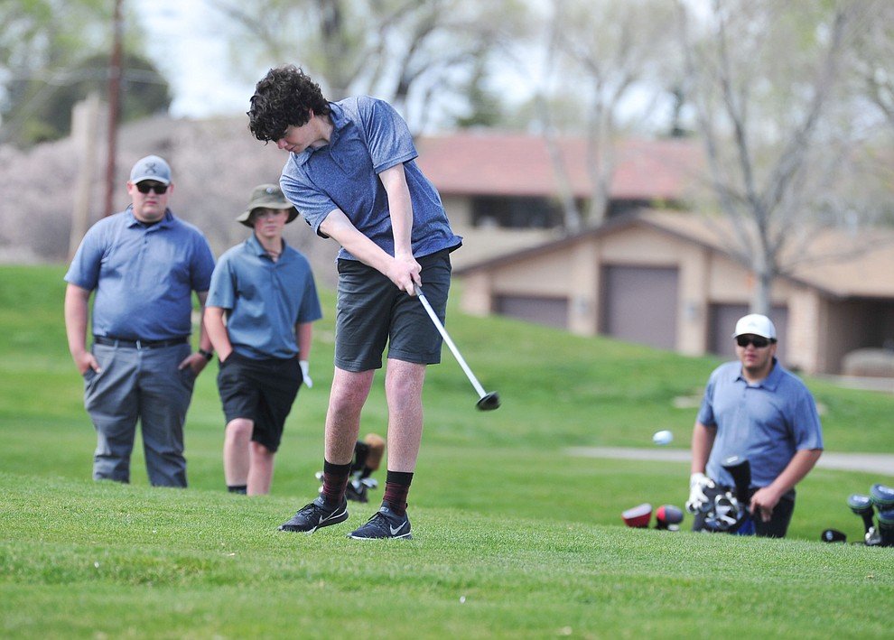 Bagdad's Roman Anthis tees off as Chino Valley hosted a four-team match Tuesday, April 2 in Prescott. (Les Stukenberg/Courier)