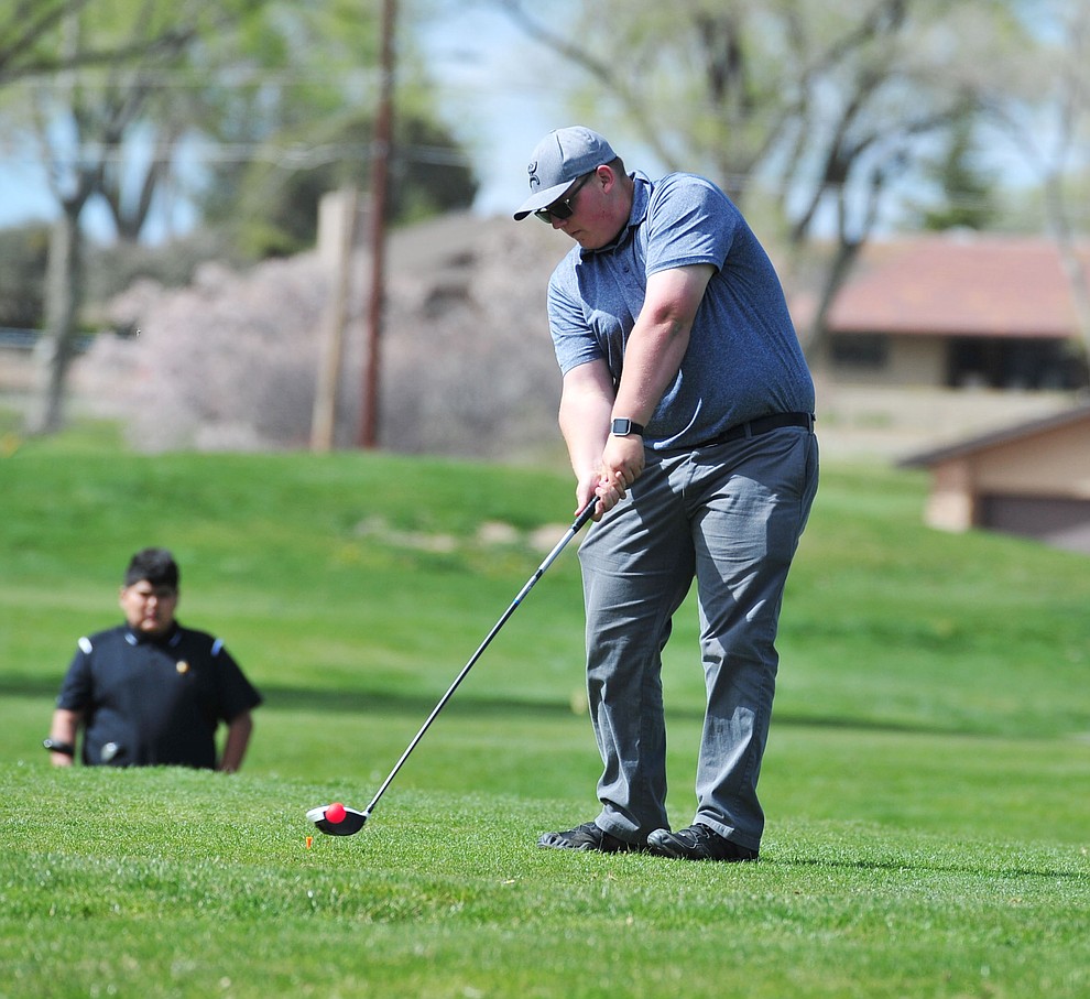 Bagdad's Brayden Keil tees off as Chino Valley hosted a four-team match Tuesday, April 2 in Prescott. (Les Stukenberg/Courier)