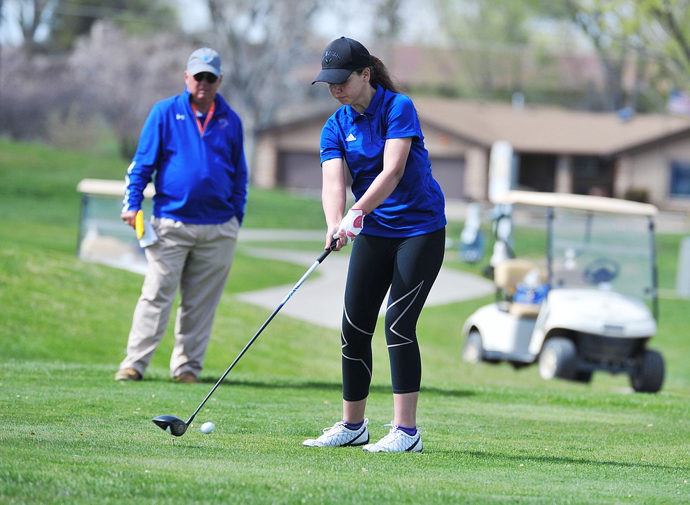 Bagdad's Vanessa Anthis tees off as Chino Valley hosted a four-team match Tuesday, April 2 in Prescott. (Les Stukenberg/Courier)