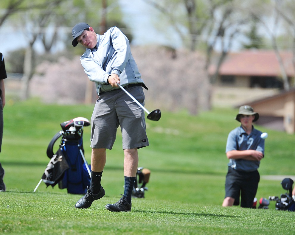 Bagdad's Riley Young tee off as Chino Valley hosted a four-team match Tuesday, April 2 in Prescott. (Les Stukenberg/Courier)