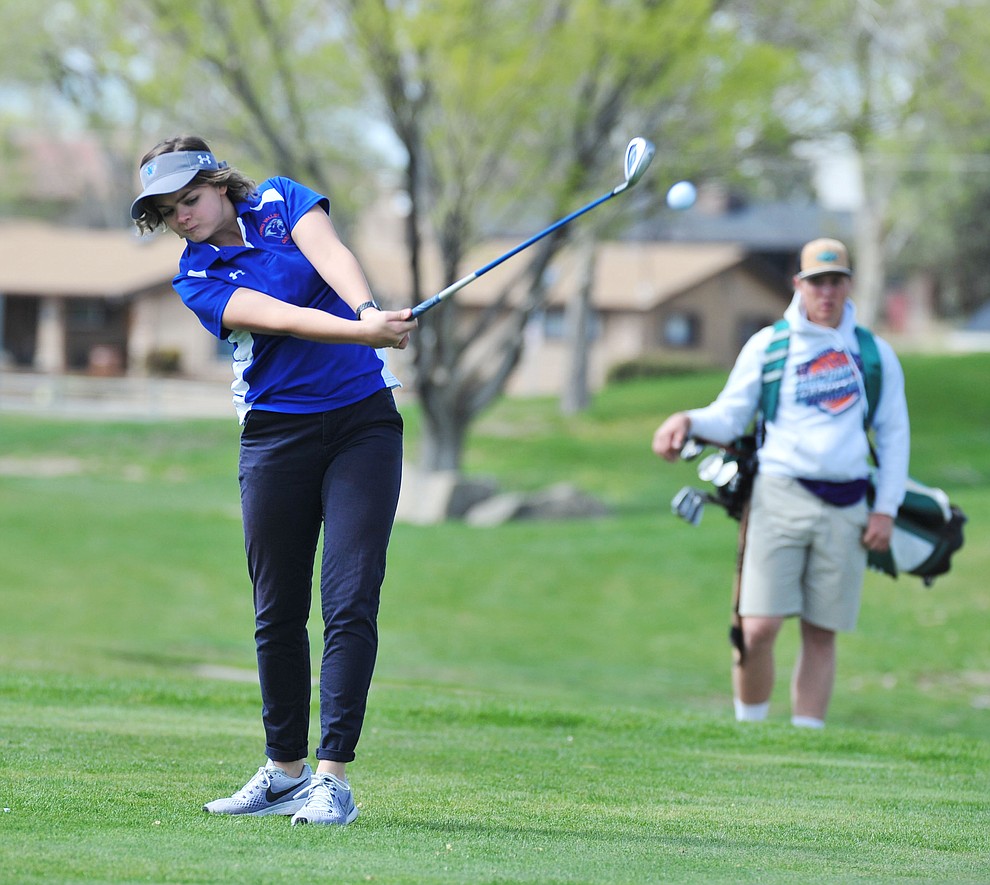 Chino Valley's Coury Hawks tees off as Chino Valley hosted a four-team match Tuesday, April 2 in Prescott. (Les Stukenberg/Courier)