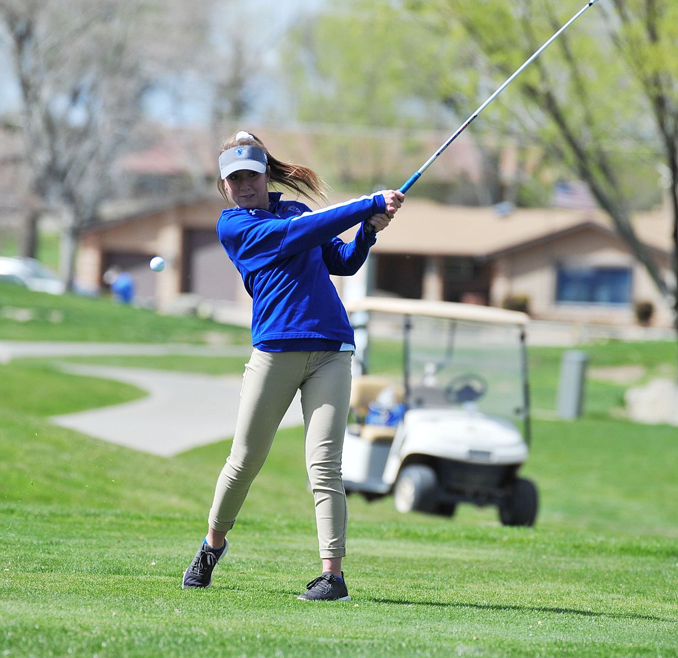 Chino Valley's Jessica Krough tees off as Chino Valley hosted a four-team match Tuesday, April 2 in Prescott. (Les Stukenberg/Courier)