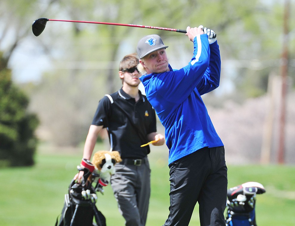 Chino Valley's Keller Rock tees off as Chino Valley hosted a four-team match Tuesday, April 2 in Prescott. (Les Stukenberg/Courier)