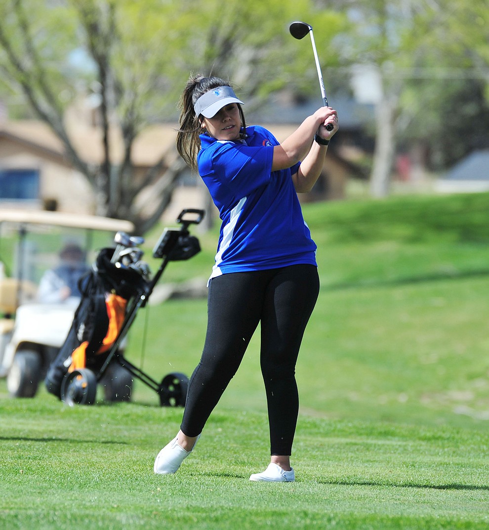Chino Valley's Crystal Sanchez tees off as Chino Valley hosted a four-team match Tuesday, April 2 in Prescott. (Les Stukenberg/Courier)