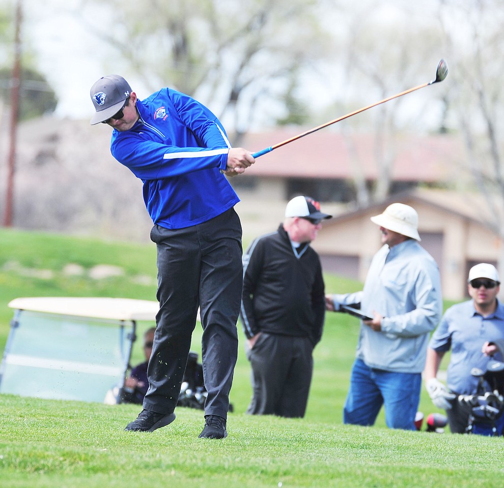 Chino Valley's Trevor Stazenski tees off as Chino Valley hosted a four-team match Tuesday, April 2 in Prescott. (Les Stukenberg/Courier)