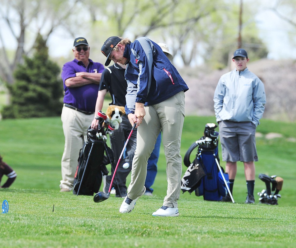 Wickenburg's Wyatt Grantham tees off as Chino Valley hosted a four-team match Tuesday, April 2 in Prescott. (Les Stukenberg/Courier)