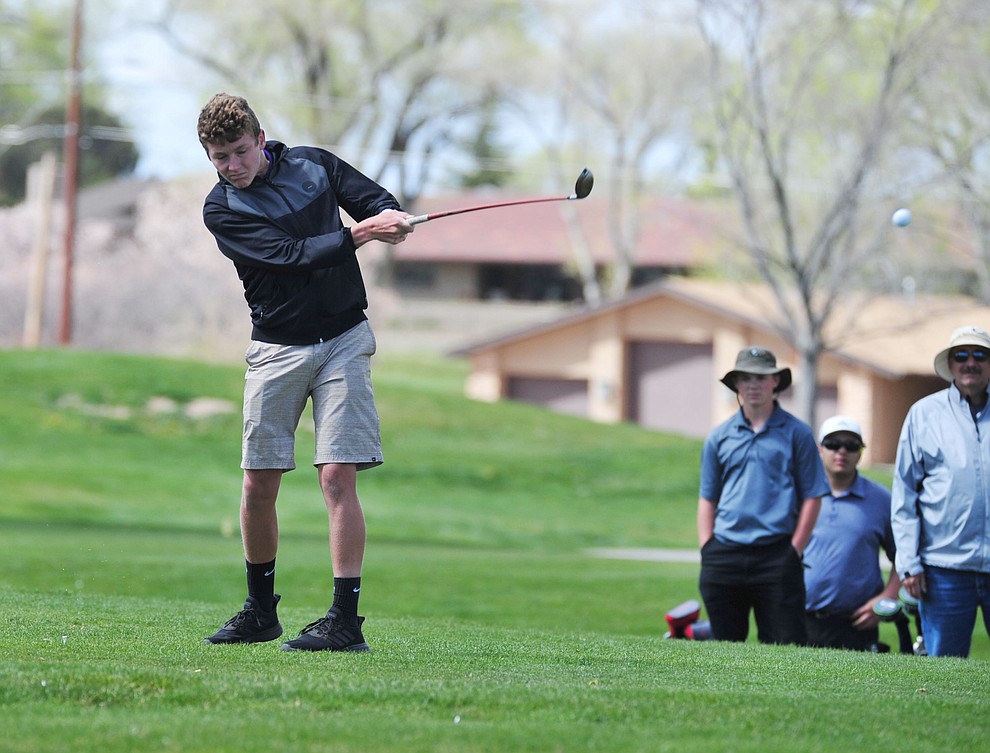 Wickenburg's Logan Jones tees off as Chino Valley hosted a four-team match Tuesday, April 2 in Prescott. (Les Stukenberg/Courier)