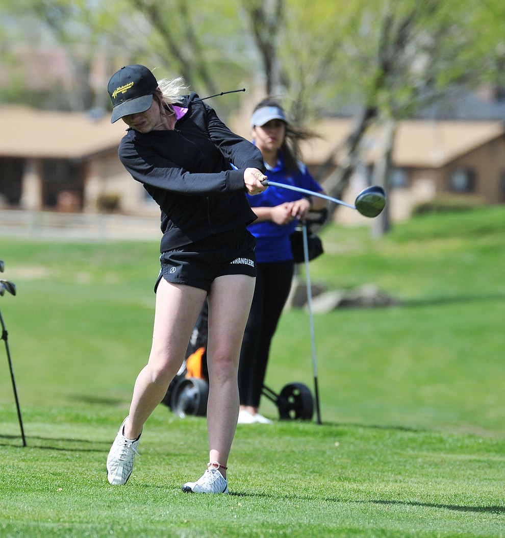 Wickenburg's Bailee Ullery tees off as Chino Valley hosted a four-team match Tuesday, April 2 in Prescott. (Les Stukenberg/Courier)