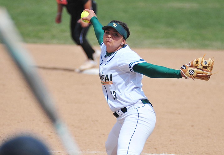 Yavapai's Kendra Duran delivers a pitch in relief as the Roughriders take on the Chandler Gilbert Coyotes Tuesday, March 19, 2018 in Prescott. No. 7-ranked Yavapai College will host D-II No. 3 Phoenix College for a doubleheader at Bill Vallely Field at noon and 2 p.m. on Thursday, April 4.