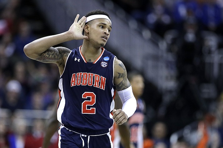 Auburn's Bryce Brown (2) celebrates during the second half of the Midwest Regional final game against Kentucky in the NCAA men's college basketball tournament Sunday, March 31, 2019, in Kansas City, Mo. (Charlie Riedel/AP)