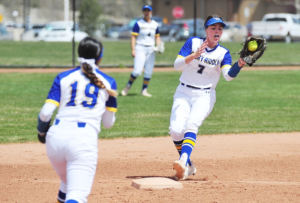 Embry Riddle's Mikendra Kramar gets the front end of a double play as the Eagles take on the University of Antelope Valley Pioneer's for the first game of a softball doubleheader in Prescott Friday, April 5. The Eagles won the game 2-0. (Les Stukenberg/Courier)