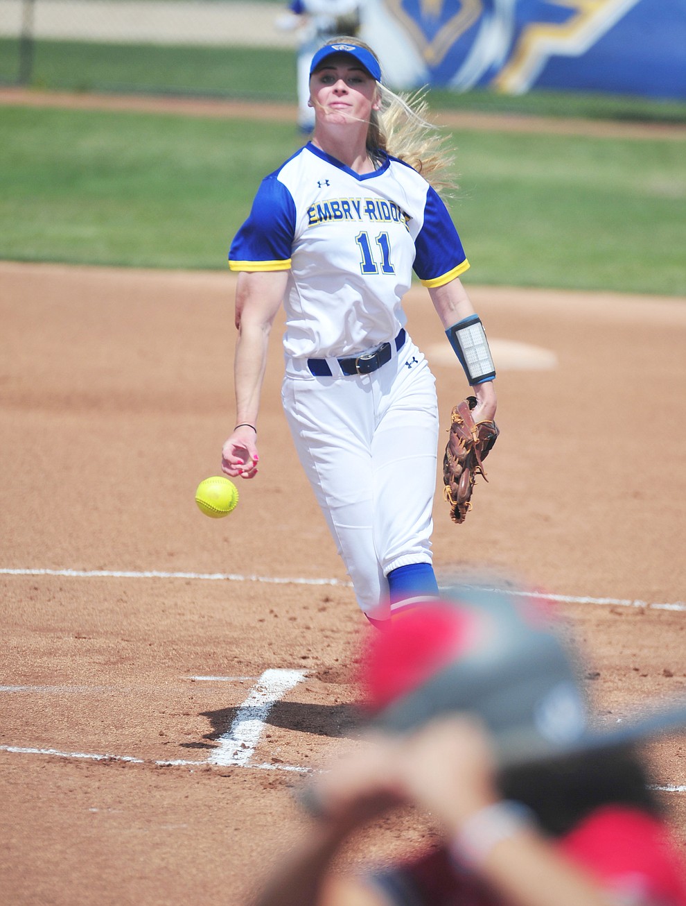 Embry Riddle's Mikaeli Davidson delivers a pitch as the Eagles take on the University of Antelope Valley Pioneer's for the first game of a softball doubleheader in Prescott Friday, April 5. The Eagles won the game 2-0. (Les Stukenberg/Courier)