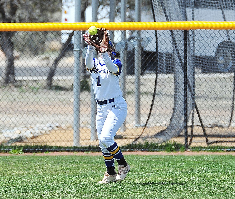 Embry Riddle's Danielle Jamieson makes the catch in left field as the Eagles take on the University of Antelope Valley Pioneer's for the first game of a softball doubleheader in Prescott Friday, April 5. The Eagles won the game 2-0. (Les Stukenberg/Courier)