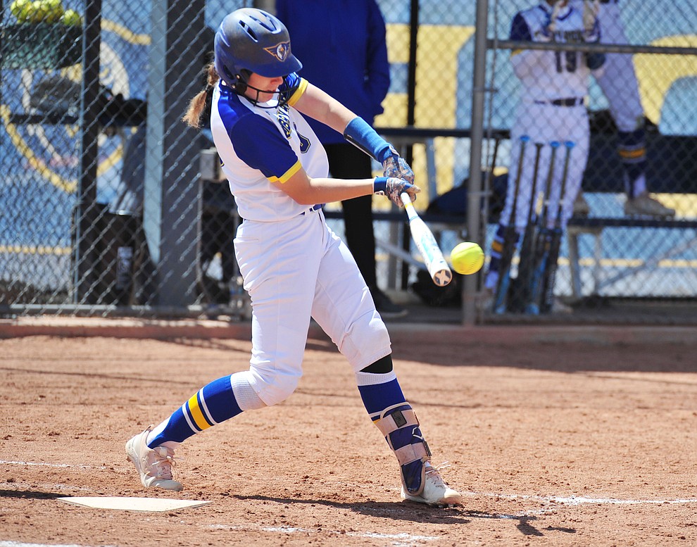 Embry Riddle's Haley Basye makes contact as the Eagles take on the University of Antelope Valley Pioneer's for the first game of a softball doubleheader in Prescott Friday, April 5. The Eagles won the game 2-0. (Les Stukenberg/Courier)
