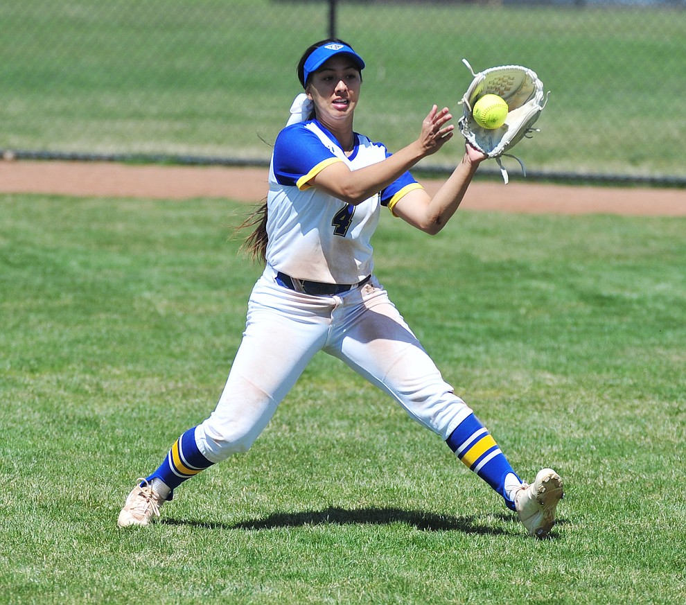 Embry Riddle's Zoe Streadbeck makes a play in right field as the Eagles take on the University of Antelope Valley Pioneer's for the first game of a softball doubleheader in Prescott Friday, April 5. The Eagles won the game 2-0. (Les Stukenberg/Courier)