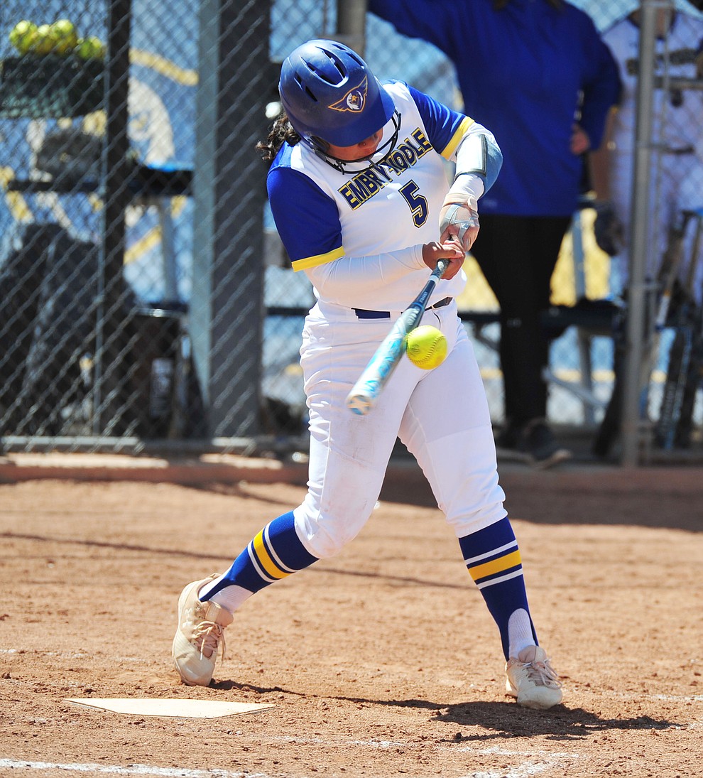 Embry Riddle's Aleena Alexander makes contact as the Eagles take on the University of Antelope Valley Pioneer's for the first game of a softball doubleheader in Prescott Friday, April 5. The Eagles won the game 2-0. (Les Stukenberg/Courier)
