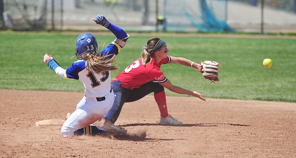 Embry Riddle's Bailey Critchlow slides safely into second as the Eagles take on the University of Antelope Valley Pioneer's for the first game of a softball doubleheader in Prescott Friday, April 5. The Eagles won the game 2-0. (Les Stukenberg/Courier)