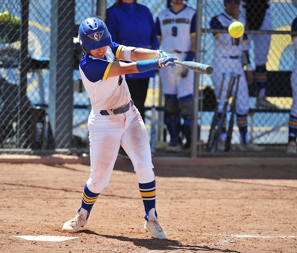 Embry Riddle's Zoe Streadbeck makes contact as the Eagles take on the University of Antelope Valley Pioneer's for the first game of a softball doubleheader in Prescott Friday, April 5. The Eagles won the game 2-0. (Les Stukenberg/Courier)