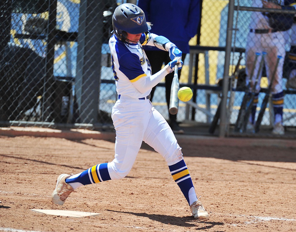 Embry Riddle's Elyssa Bramer makes contact as the Eagles take on the University of Antelope Valley Pioneer's for the first game of a softball doubleheader in Prescott Friday, April 5. The Eagles won the game 2-0. (Les Stukenberg/Courier)