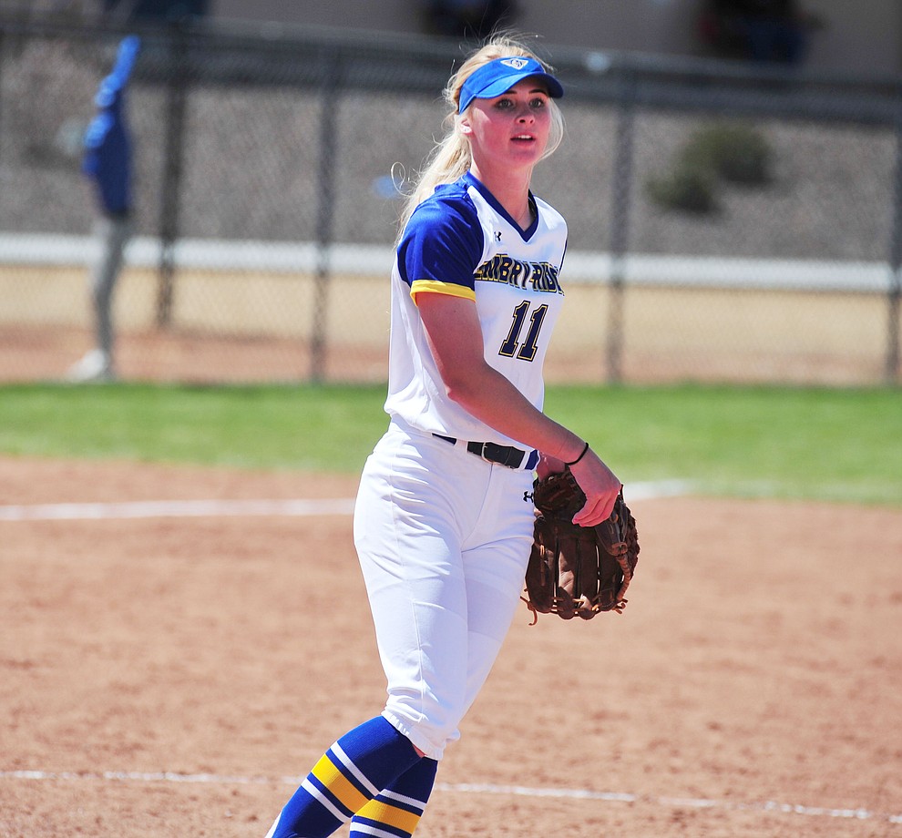 Embry Riddle's Mikaeli Davidson was the winning pitcher as the Eagles take on the University of Antelope Valley Pioneer's for the first game of a softball doubleheader in Prescott Friday, April 5. The Eagles won the game 2-0. (Les Stukenberg/Courier)
