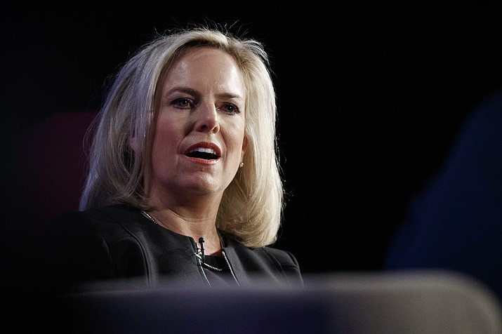 In this Monday, March 18, 2019, file photo, Homeland Security Secretary Kirstjen Nielsen speaks at George Washington University's Jack Morton Auditorium in Washington. In a tweet on Sunday, April 7, 2019, President Donald Trump said he's accepted Nielsen's resignation. (Carolyn Kaster/AP, file)