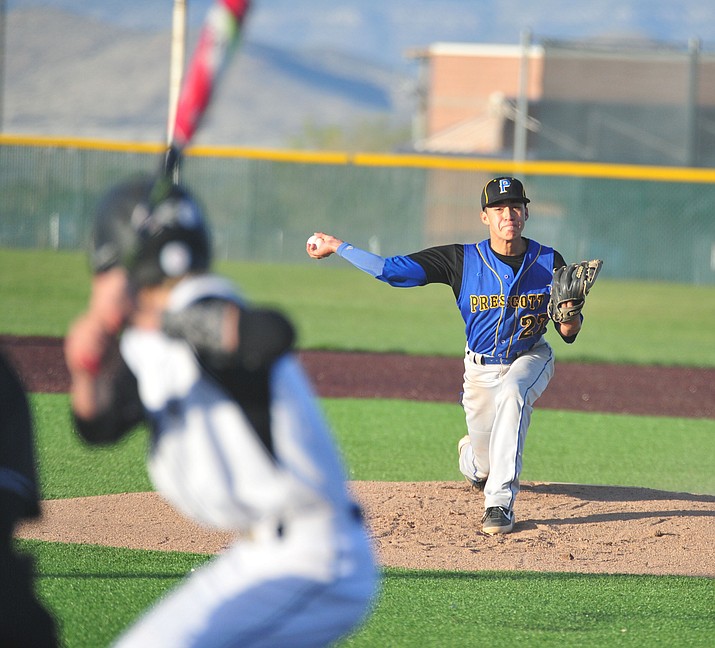 Prescott’s Ray Chairez delivers a pitch as the Badgers take on the Bradshaw Mountain Bears on Tuesday, April 9, 2019, in Prescott Valley.  (Les Stukenberg/Courier)