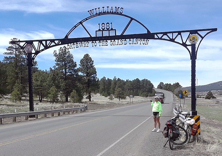 Carol Zemola Garsee, 77, of Chicago, Illinois stops in Williams April 7 during her cross country cycling trip. (Submitted photo)