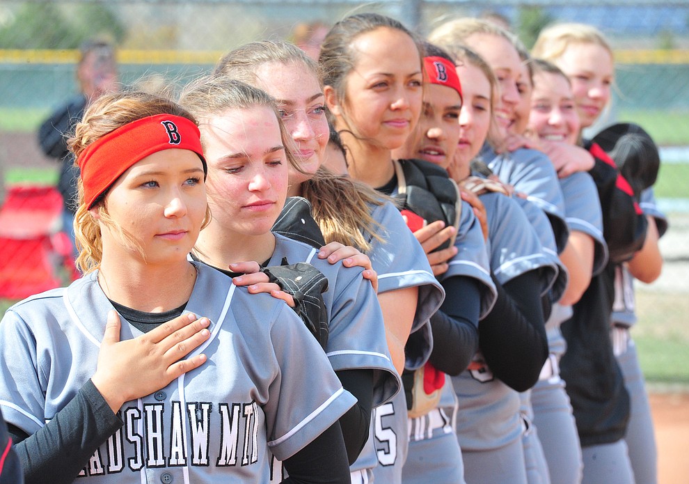 Bradshaw Mountain's players stand for the National Anthem as the Bears host the Prescott Badgers Thursday, April 11 in Prescott Valley. (Les Stukenberg/Courier)