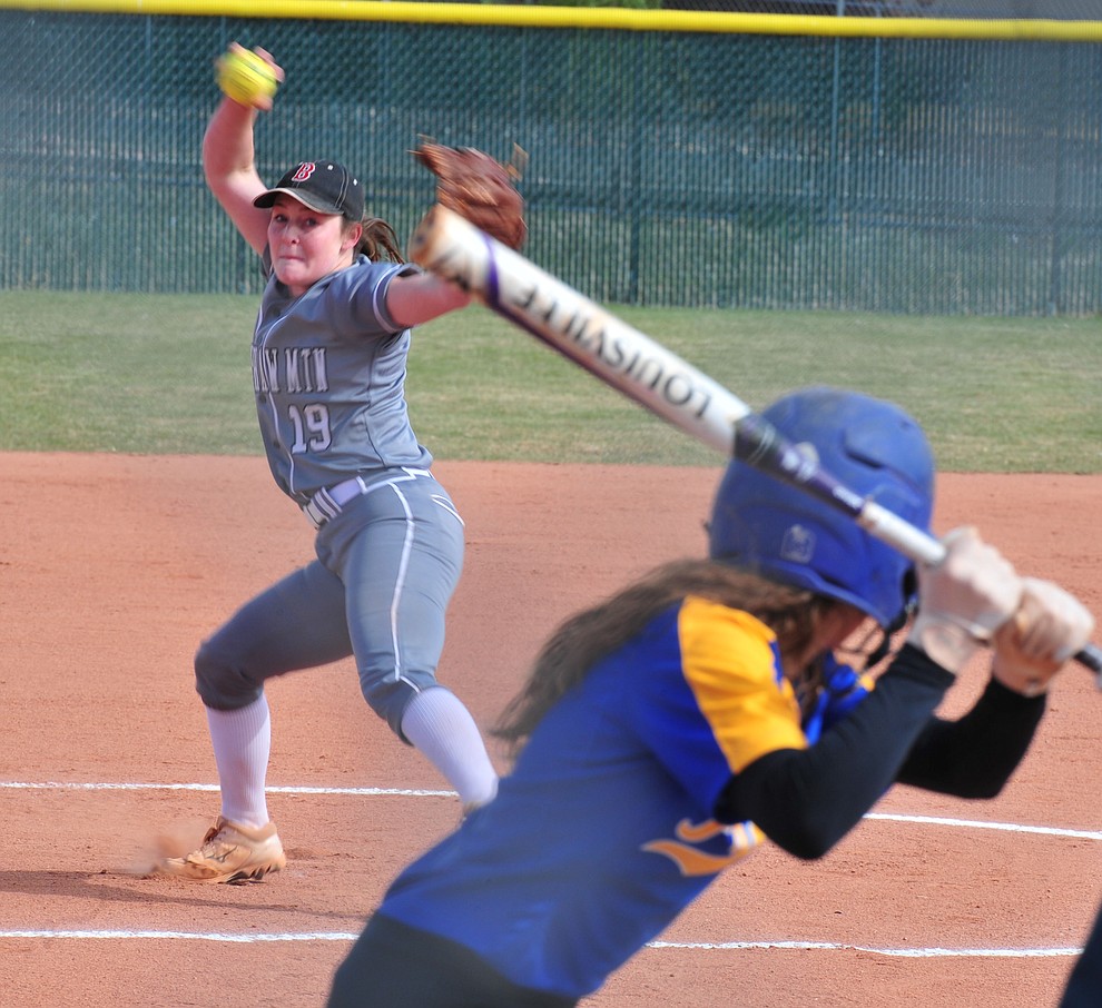 Bradshaw Mountain's Caitlyn Neal delivers a pitch as the Bears host the Prescott Badgers Thursday, April 11 in Prescott Valley. (Les Stukenberg/Courier)