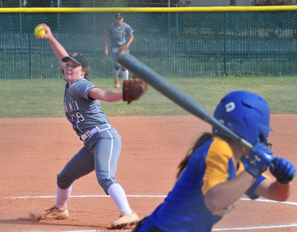 Bradshaw Mountain's Caitlyn Neal delivers a pitch as the Bears host the Prescott Badgers Thursday, April 11 in Prescott Valley. (Les Stukenberg/Courier)