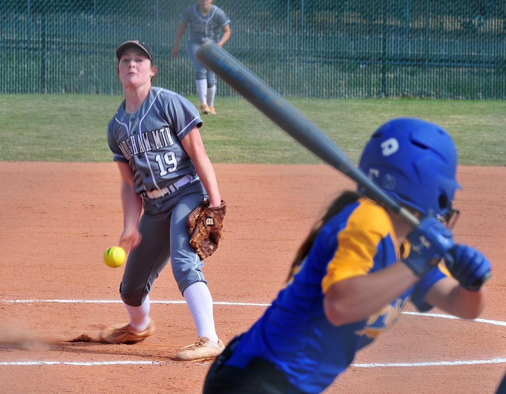 Bradshaw Mountain's Caitlyn Neal delivers a pitch as the Bears host the Prescott Badgers Thursday, April 11 in Prescott Valley. (Les Stukenberg/Courier)