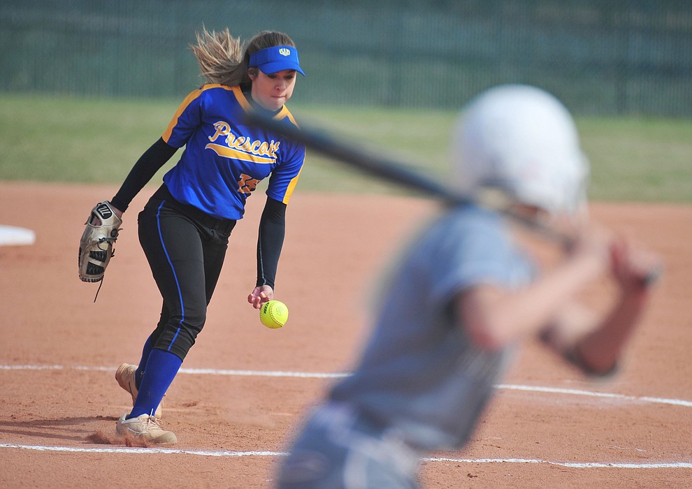 Prescott's Fran Larson delivers a pitch as the Badgers play the Bradshaw Mountain Bears Thursday, April 11 in Prescott Valley. (Les Stukenberg/Courier)