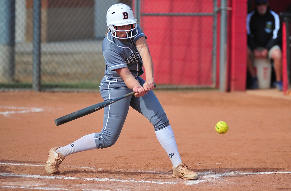Bradshaw Mountain's Madisen Duryea takes aim at a pitch as the Bears host the Prescott Badgers Thursday, April 11 in Prescott Valley. (Les Stukenberg/Courier)
